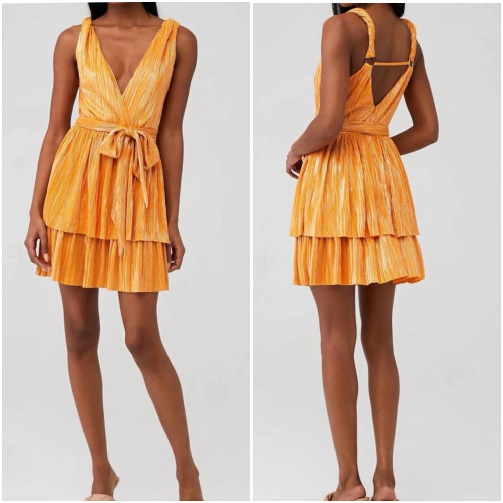 Sabina Musayev Revolve Alma Mandarin Orange Gold Metallic Belt Mini Dress Small